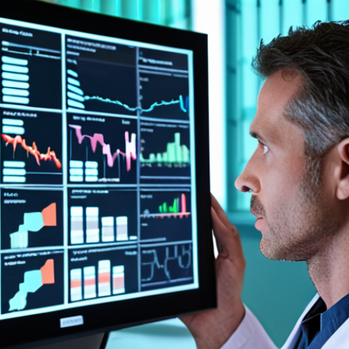 Home 4 ** A doctor looking at a holographic display showing a patient's DNA sequence intertwined with medical data visualizations (charts, graphs). In the background, a modern, sterile hospital environment. Concept: Personalized medicine powered by data analysis.
**