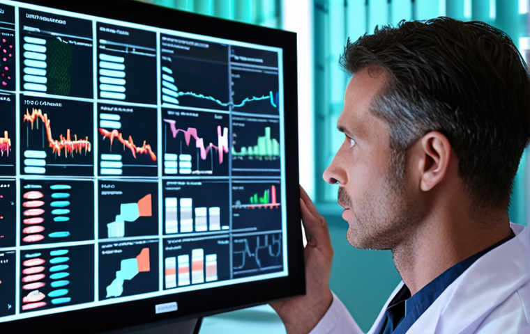 ** A doctor looking at a holographic display showing a patient's DNA sequence intertwined with medical data visualizations (charts, graphs). In the background, a modern, sterile hospital environment. Concept: Personalized medicine powered by data analysis.

**